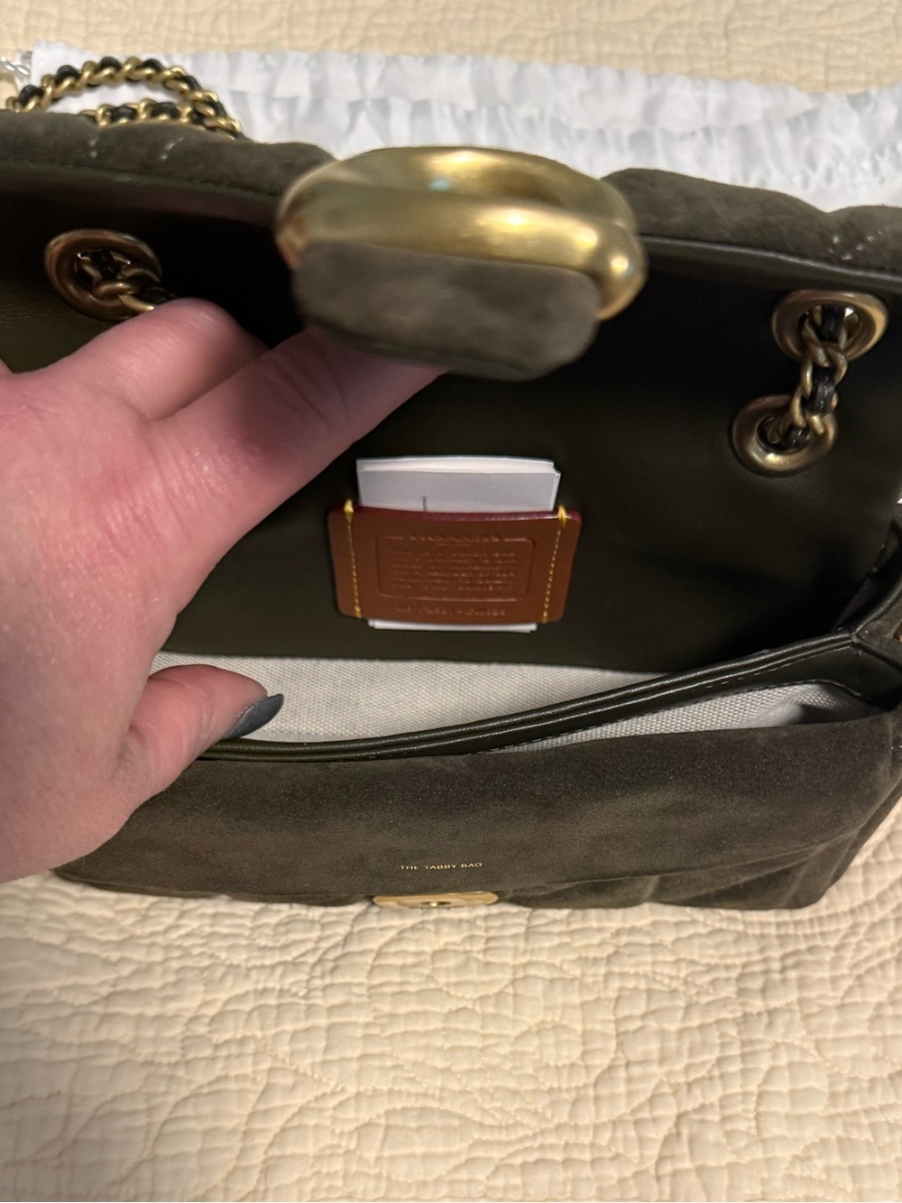 Coach Tabby 2026 Quilted Shoulder Bag in Olive Green Swede with Gold Hardware! 😍 - Picture 11 of 14